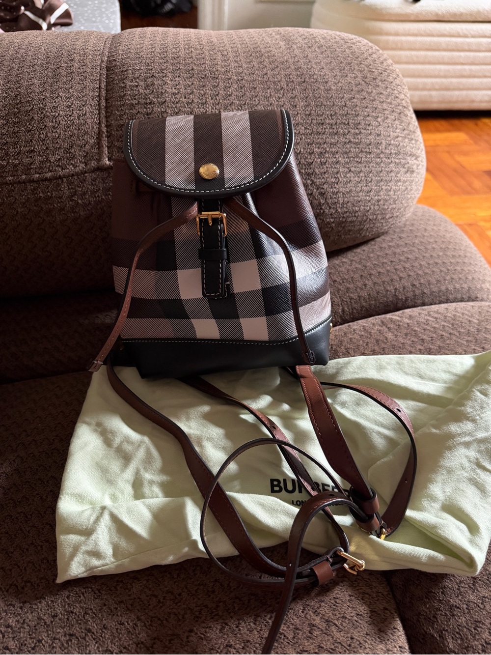 Burberry Brown Plaid Leather Drawstring Mini Backpack
